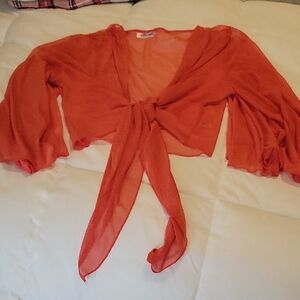 Chic Orange Sheer Tie-Front Blouse